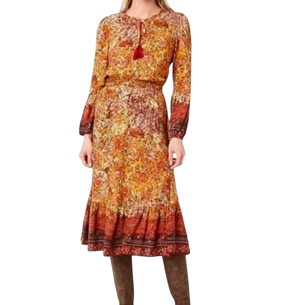 Frye and Co. Boho Tassel Midi Dress | Small | Fall Floral Flowy Long Sleeve